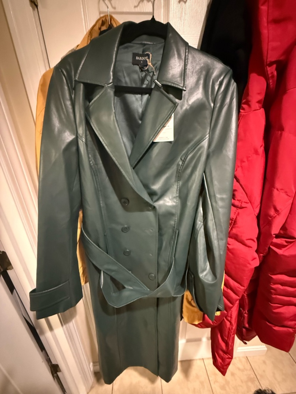 Bardot Forest Green Faux Leather Double-Breasted Trench Coat with Belt